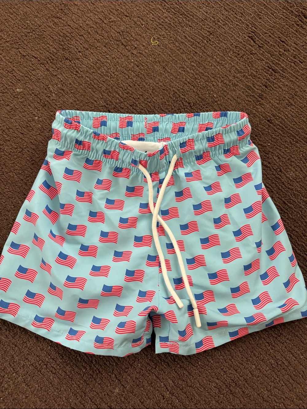 Boys Light Blue American Flag Swim Trunks with Drawstring